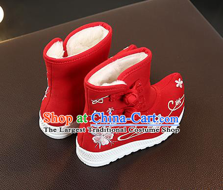 Chinese Handmade Winter Embroidered Red Boots Traditional Hanfu Shoes National Shoes for Kids
