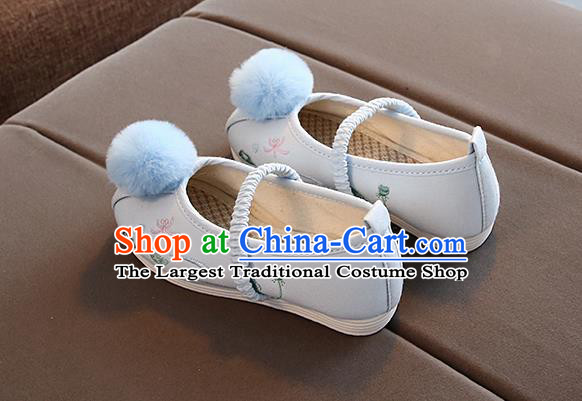 Chinese Handmade Light Blue Embroidered Shoes Traditional New Year Hanfu Shoes National Shoes for Kids