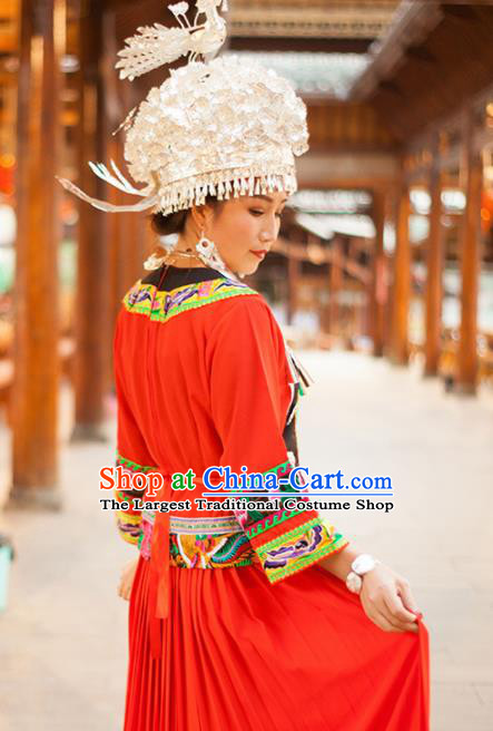 Chinese Traditional Miao Nationality Embroidered Costume and Headwear Ethnic Folk Dance Red Dress for Women