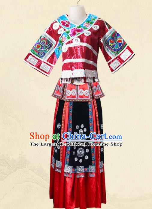Chinese Traditional Guangxi Miao Nationality Wedding Embroidered Red Dress Ethnic Folk Dance Costume for Women