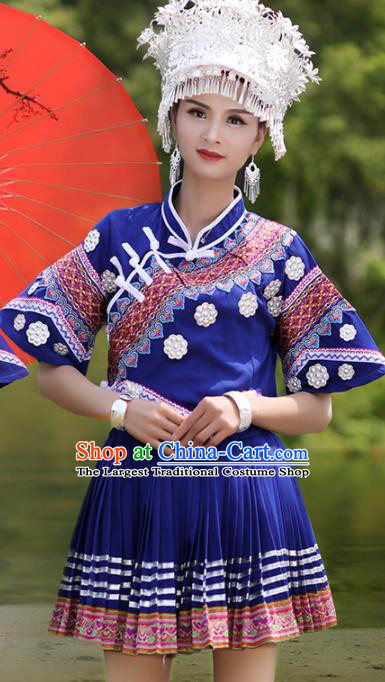 Chinese Traditional Buyi Nationality Wedding Embroidered Royalblue Short Dress Ethnic Folk Dance Costume for Women