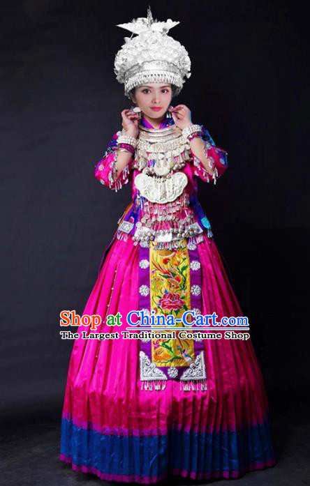Chinese Traditional Xiangxi Miao Nationality Wedding Embroidered Rosy Dress Ethnic Folk Dance Costume and Headpiece for Women