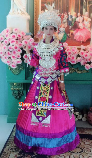 Chinese Traditional Xiangxi Miao Nationality Wedding Embroidered Rosy Dress Ethnic Folk Dance Costume and Headpiece for Women