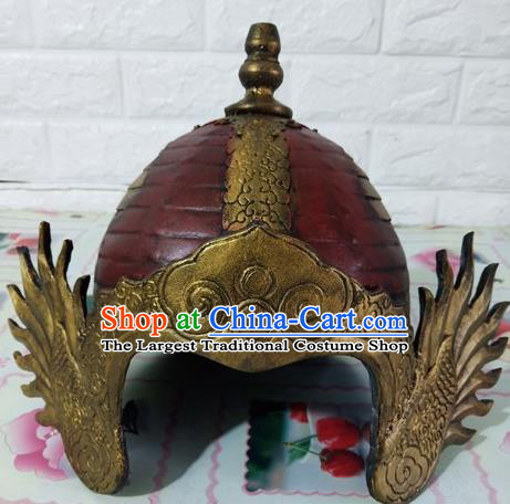 Chinese Handmade Traditional Tang Dynasty Soldier Red Helmet Ancient General Hat for Men
