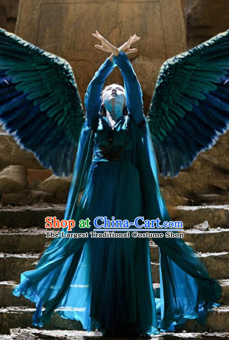 Chinese Ancient Princess of the Winged Tribe Yu Ran Blue Dress Drama Novoland Eagle Flag Replica Costumes and Headpiece for Women