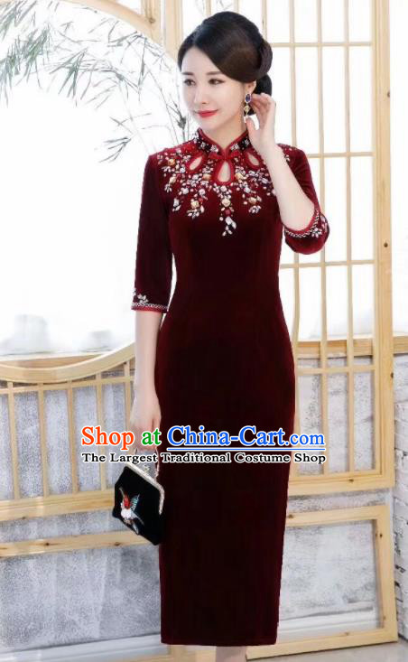 Chinese Traditional Qiapo Dress Bride Mother Wine Red Velvet Cheongsam National Costumes for Women