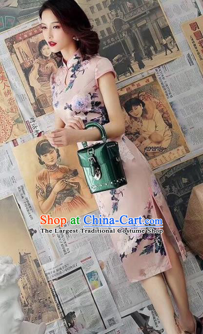 Chinese Traditional Qiapo Dress Bride Printing Peony Pink Cheongsam National Costumes for Women
