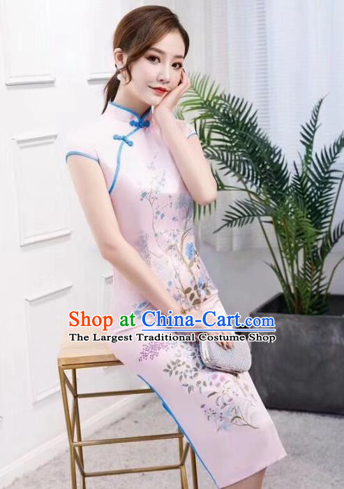 Chinese Traditional Qiapo Dress Printing Light Pink Cheongsam National Costumes for Women