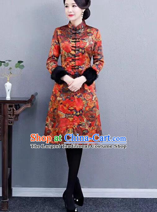 Chinese Traditional Mother Red Coat National Costume Tang Suit Cotton Wadded Jacket for Women