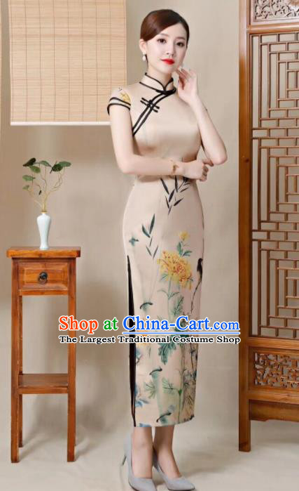 Chinese Traditional Qiapo Dress Printing Khaki Cheongsam National Costume for Women