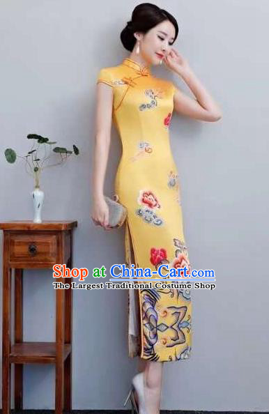 Chinese Traditional Qipao Dress Printing Peony Yellow Cheongsam National Costume for Women