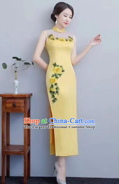 Chinese Traditional Long Qipao Dress Embroidered Yellow Cheongsam National Costume for Women