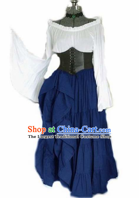 Traditional Europe Middle Ages Renaissance Blue Dress Halloween Cosplay Stage Performance Costume for Women