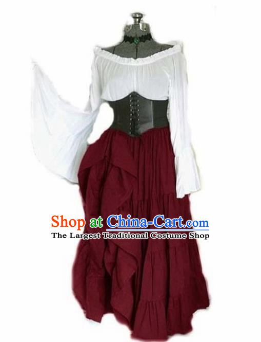 Traditional Europe Middle Ages Renaissance Wine Red Dress Halloween Cosplay Stage Performance Costume for Women