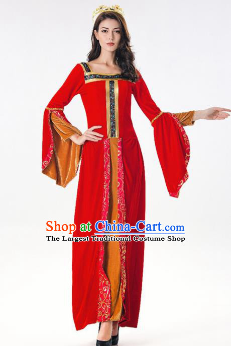 Traditional Europe Middle Ages Princess Red Dress Halloween Cosplay Queen Stage Performance Costume for Women