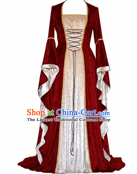 Traditional Europe Middle Ages Countess Red Velvet Dress Halloween Cosplay Stage Performance Costume for Women
