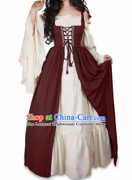 Traditional Europe Middle Ages Farmwife Wine Red Dress Halloween Cosplay Stage Performance Costume for Women