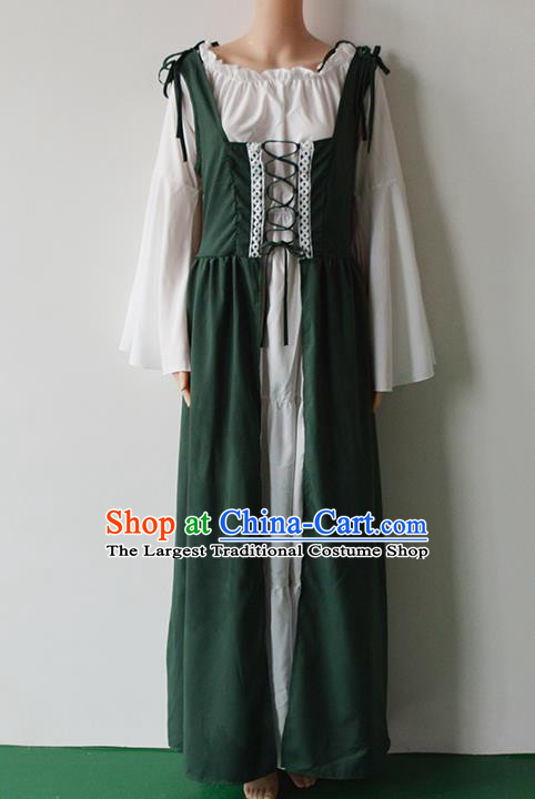 Traditional Europe Middle Ages Farmwife Green Dress Halloween Cosplay Stage Performance Costume for Women