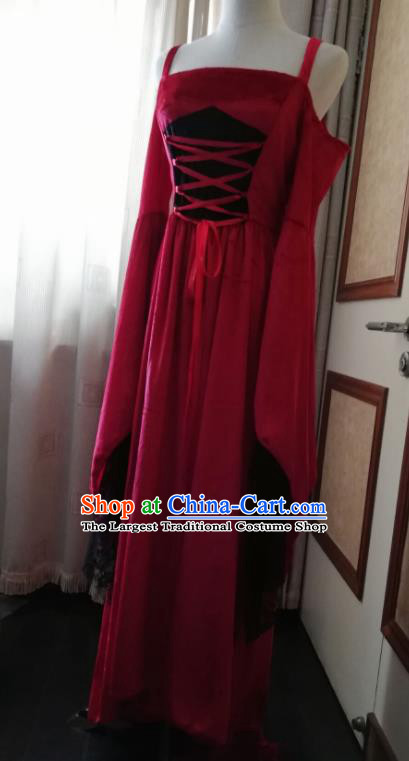 Traditional Europe Middle Ages Court Wine Red Velvet Dress Halloween Cosplay Stage Performance Costume for Women