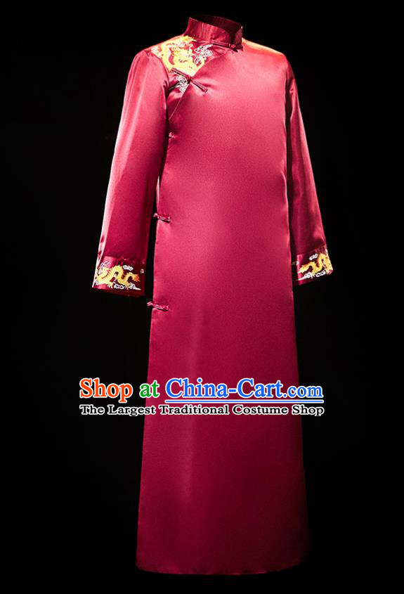 Chinese Traditional Wedding Groomsman Costumes Tang Suit Wine Red Long Gown for Men