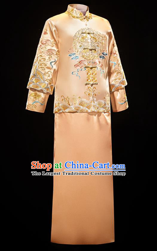 Chinese Traditional Bridegroom Wedding Costumes Tang Suit Embroidered Dragon Golden Mandarin Jacket and Long Gown for Men