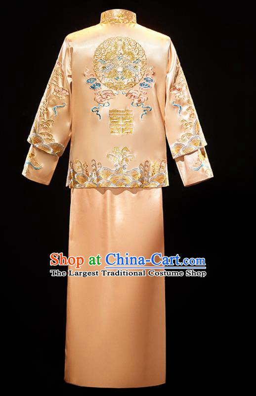 Chinese Traditional Bridegroom Wedding Costumes Tang Suit Embroidered Dragon Golden Mandarin Jacket and Long Gown for Men