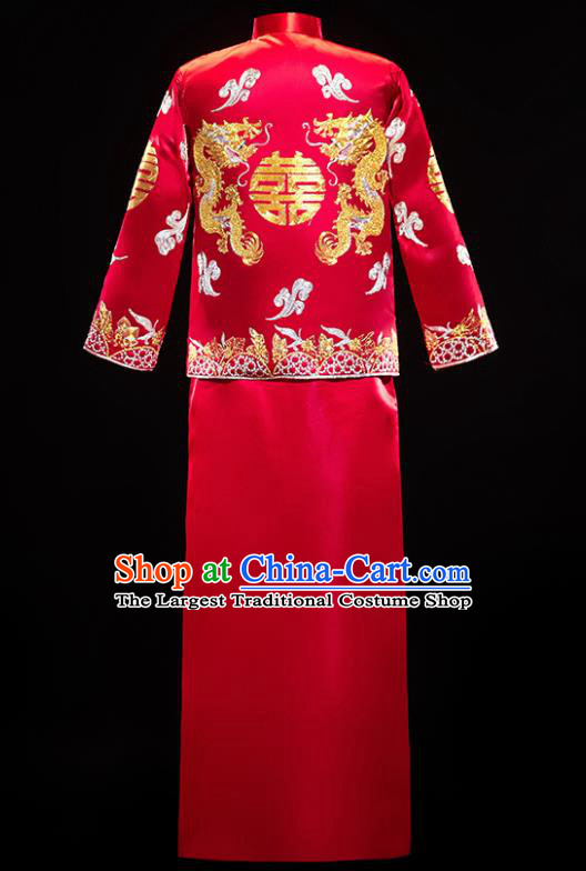 Chinese Traditional Bridegroom Wedding Embroidered Costumes Tang Suit Xiuhe Suits Red Mandarin Jacket and Long Gown for Men