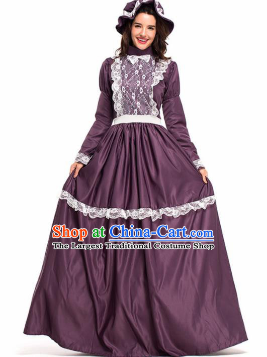 Traditional Europe Renaissance Civilian Purple Dress Stage Performance Halloween Cosplay Costume for Women