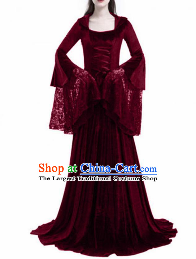 Traditional Europe Renaissance Wine Red Lace Dress Stage Performance Halloween Cosplay Princess Costume for Women