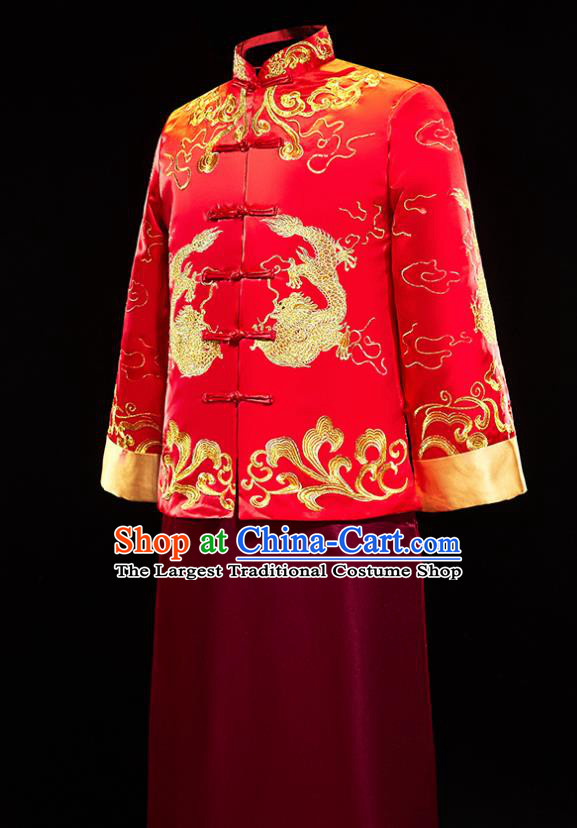 Chinese Traditional Tang Suit Embroidered Red Mandarin Jacket and Wine Red Gown Ancient Bridegroom Wedding Costumes for Men