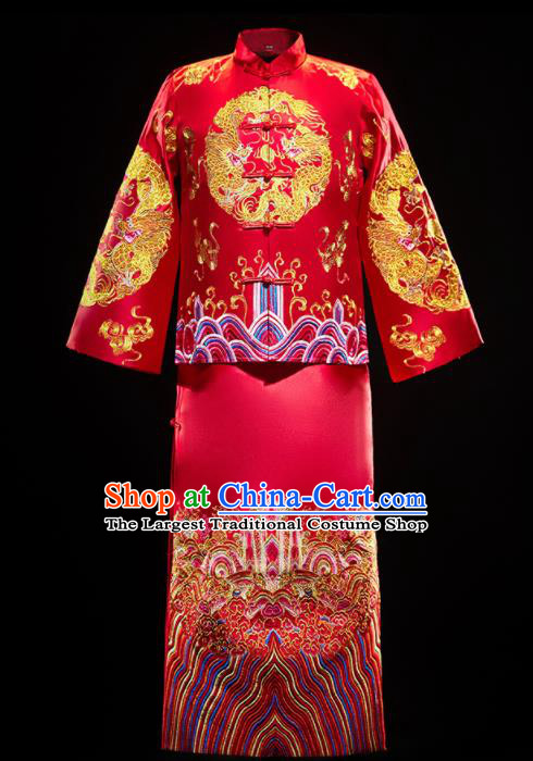 Chinese Traditional Embroidered Dragon Wedding Red Mandarin Jacket and Gown Ancient Bridegroom Tang Suit Costumes for Men