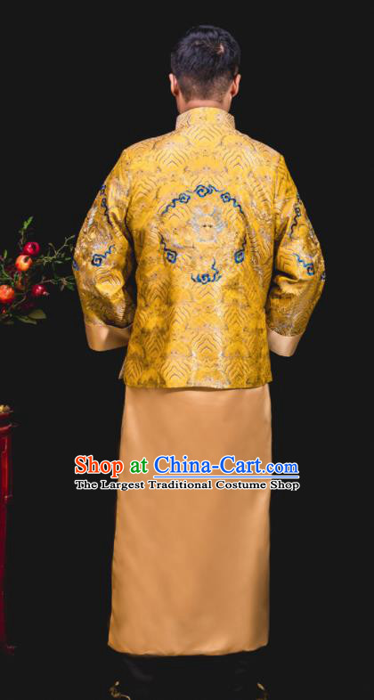 Chinese Traditional Wedding Embroidered Golden Mandarin Jacket and Gown Ancient Bridegroom Tang Suit Costumes for Men