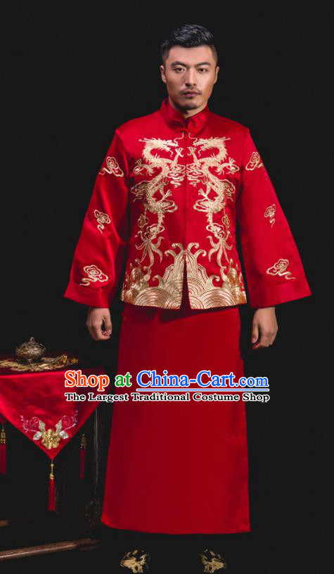 Chinese Traditional Wedding Embroidered Red Mandarin Jacket and Gown Ancient Bridegroom Tang Suit Costumes for Men