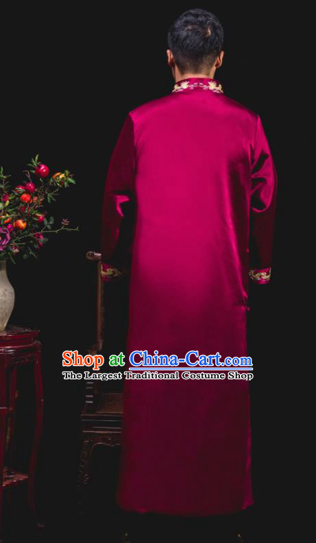 Chinese Traditional Wedding Embroidered Wine Red Gown Ancient Groomsman Tang Suit Costumes for Men