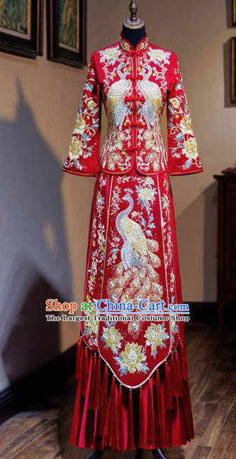 Chinese Traditional Wedding Toast Xiuhe Suit Ancient Bride Embroidered Peacock Full Dress for Women