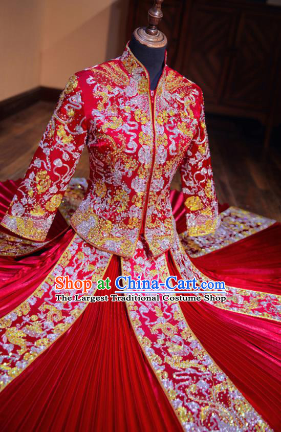 Chinese Traditional Wedding Costumes Toast Red Xiuhe Suit Ancient Bride Embroidered Full Dress for Women