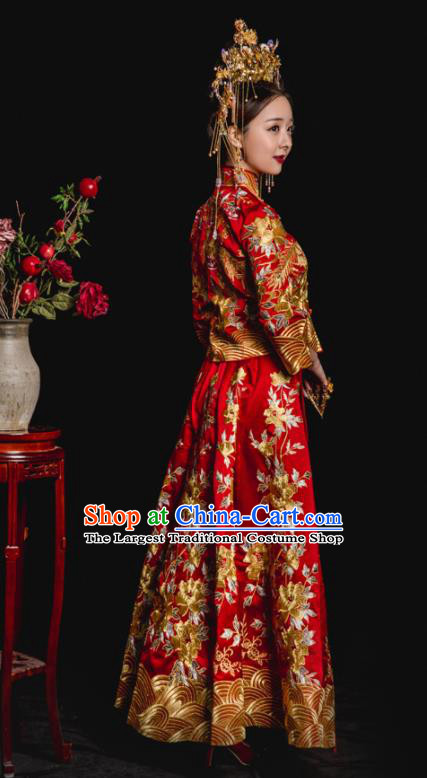 Chinese Traditional Wedding Toast Costumes Embroidered Phoenix Red Xiuhe Suit Ancient Bride Full Dress for Women