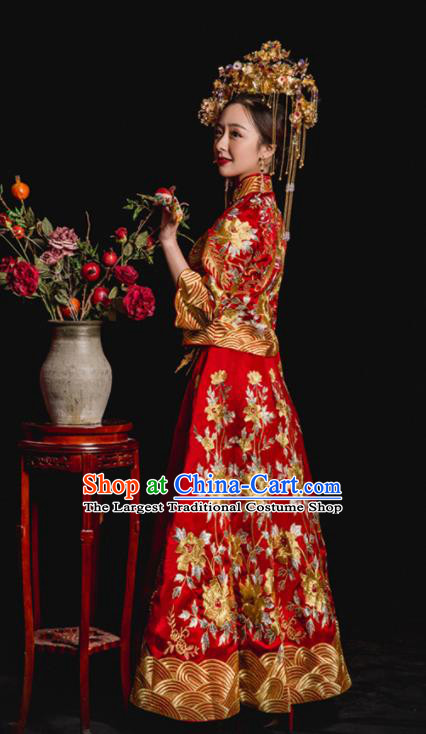 Chinese Traditional Wedding Toast Costumes Embroidered Phoenix Red Xiuhe Suit Ancient Bride Full Dress for Women