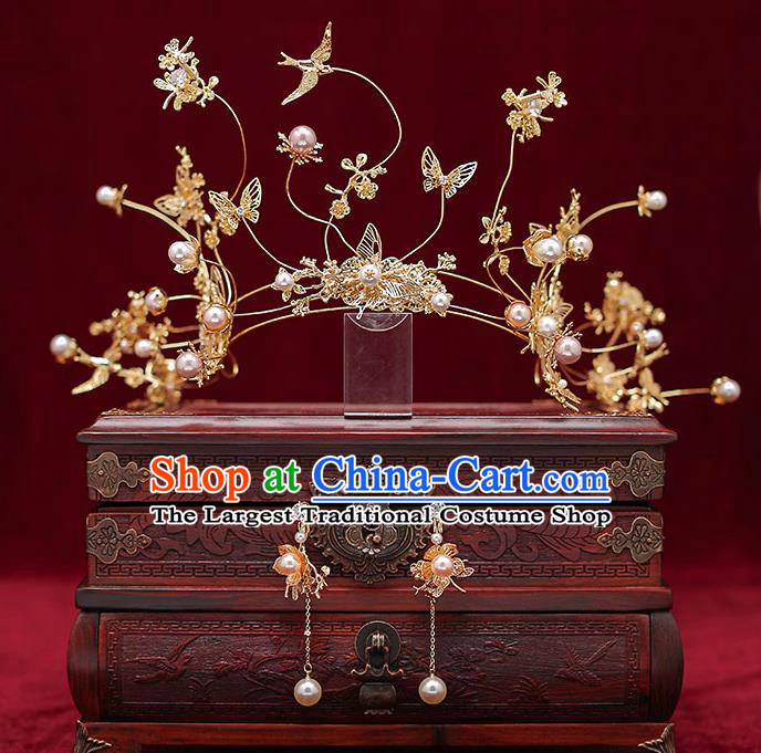 Chinese Traditional Handmade Wedding Hair Accessories Bride Golden Hair Crown for Women