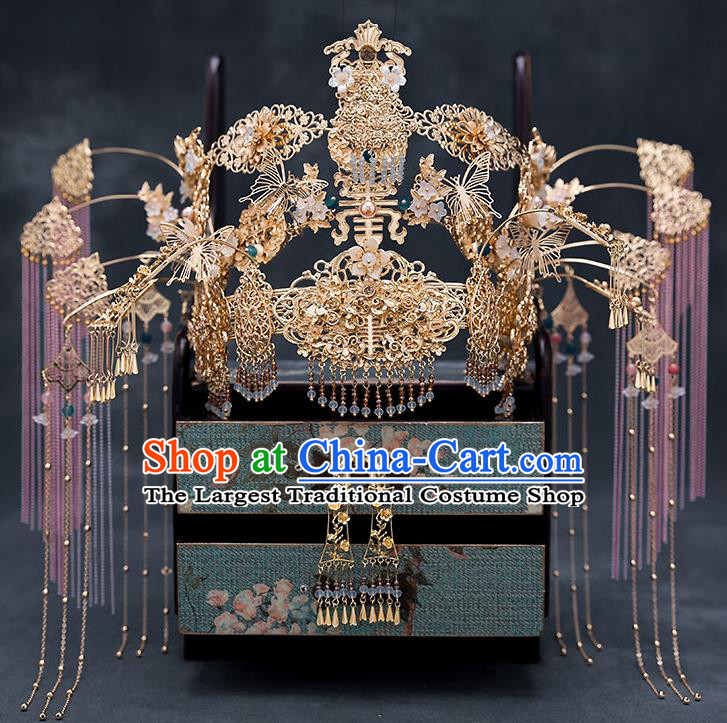 Chinese Traditional Bride Golden Phoenix Coronet Handmade Hairpins Wedding Hair Accessories for Women
