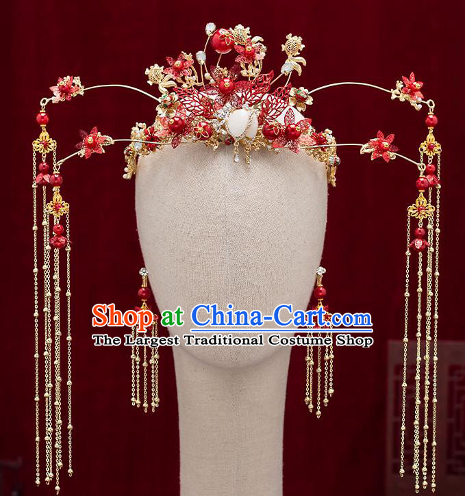 Chinese Traditional Bride Red Leaf Phoenix Coronet Handmade Hairpins Wedding Hair Accessories for Women