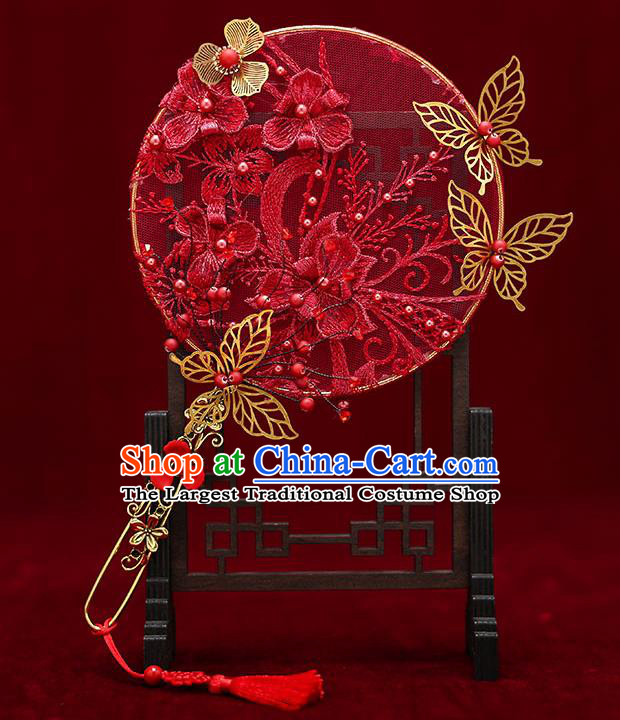 Chinese Traditional Wedding Red Lace Palace Fans Ancient Bride Prop Round Fan for Men