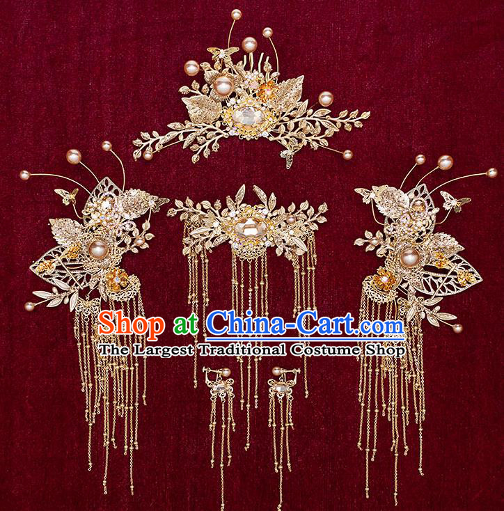 Chinese Traditional Bride Golden Hair Crown Handmade Hairpins Wedding Hair Accessories Complete Set for Women