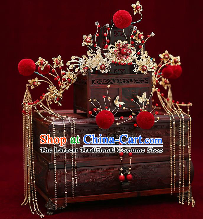 Chinese Traditional Bride Red Venonat Hair Crown Handmade Hairpins Wedding Hair Accessories Complete Set for Women