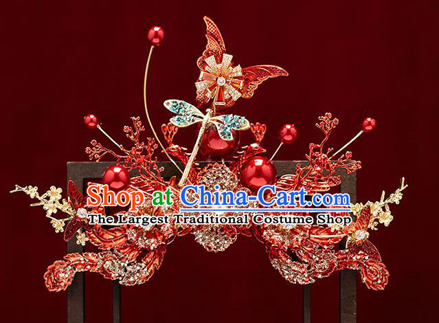 Chinese Traditional Red Butterfly Tassel Hair Clasp Bride Handmade Hairpins Wedding Hair Accessories Complete Set for Women