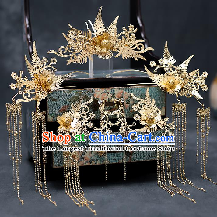 Chinese Traditional Golden Leaf Hair Comb Bride Handmade Hairpins Wedding Hair Accessories Complete Set for Women