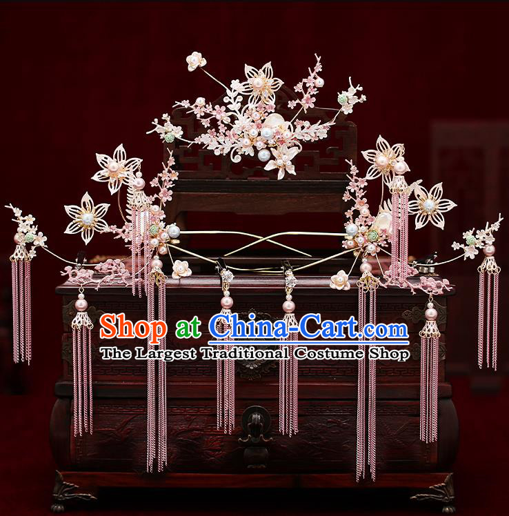 Chinese Traditional Hair Crown Bride Handmade Pink Tassel Hairpins Wedding Hair Accessories Complete Set for Women