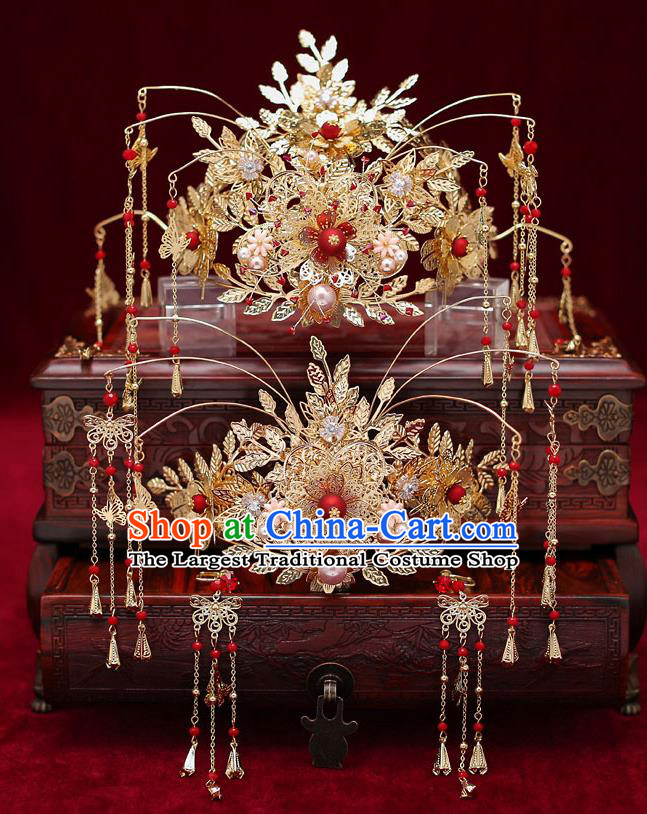 Chinese Traditional Golden Hair Crown Bride Handmade Tassel Hairpins Wedding Hair Accessories Complete Set for Women