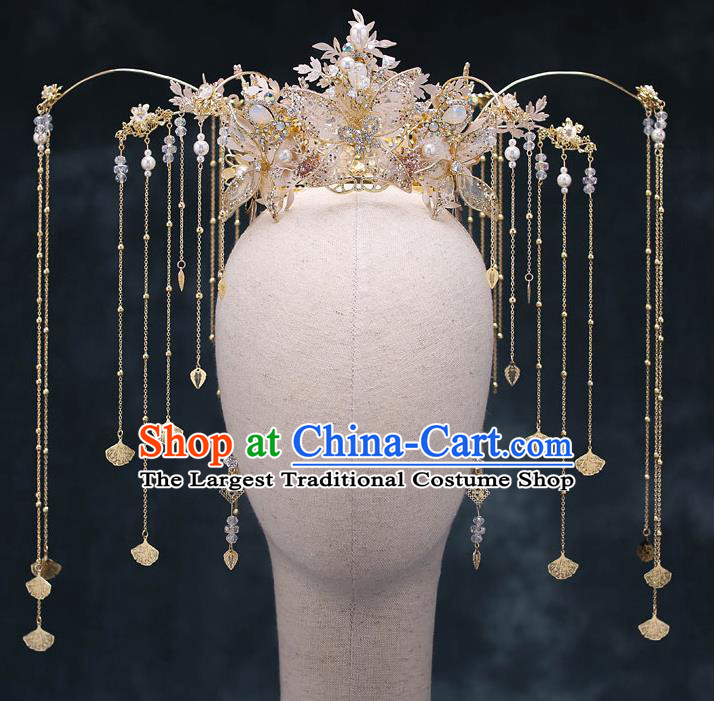 Chinese Traditional Silk Flowers Phoenix Coronet Bride Handmade Tassel Hairpins Wedding Hair Accessories Complete Set for Women