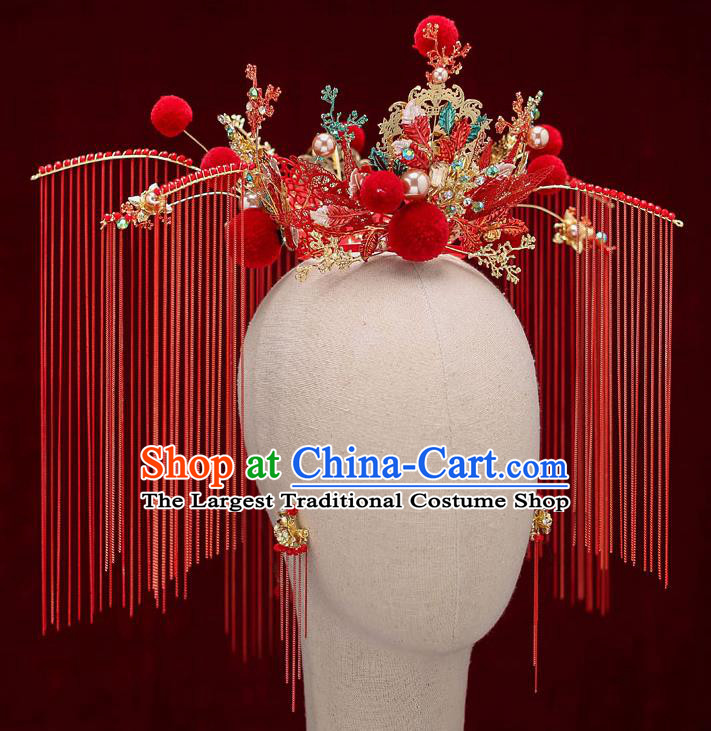 Chinese Traditional Red Phoenix Coronet Bride Handmade Tassel Hairpins Wedding Hair Accessories Complete Set for Women